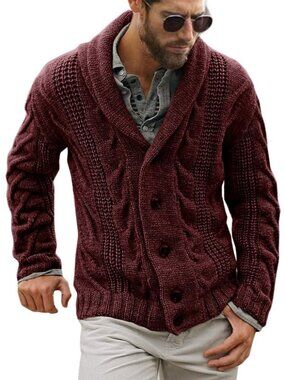 🆕Men's Burgundy Chunky Cable Knit Cardigan Sweater Shawl Collar Button Down